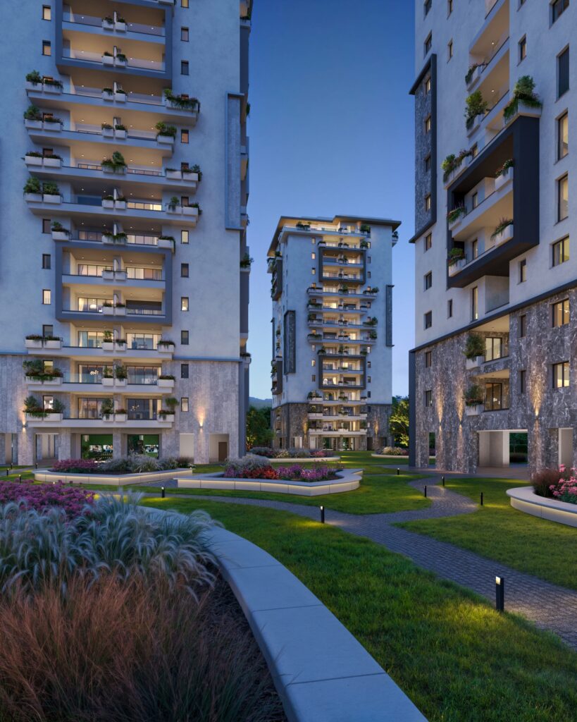 appartamenti di lusso, vista notturna, Le residenze di Torre Aria sono progettate per garantire efficienza energetica, comfort e innovazione.